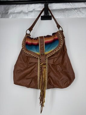 Brown faux Leather Hobo Bag with Colorful Serape Accent